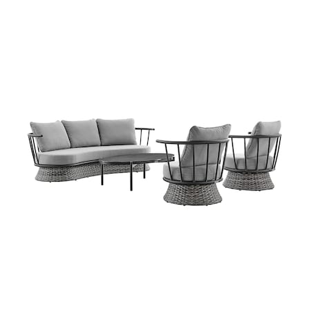 Armen Living Monk 4 Piece Outdoor Patio Furniture Set in Black Aluminum and Gray Wicker with Gray Cushions 840254332478
